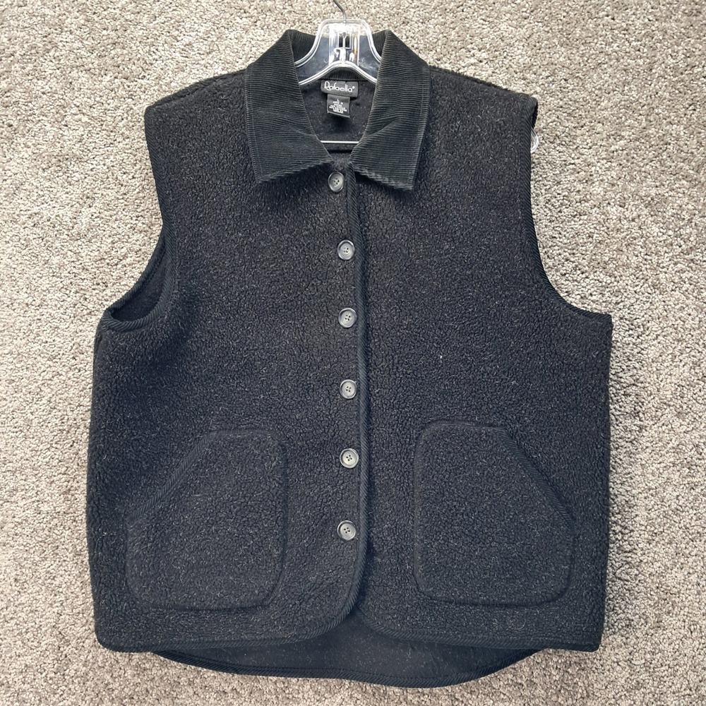 Rafaella Womens Black Fleece Button Front Vest‎ Corduroy Collar Pockets Large